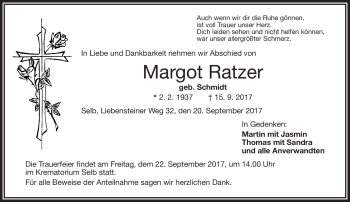 Traueranzeige von Margot Ratzer von Frankenpost