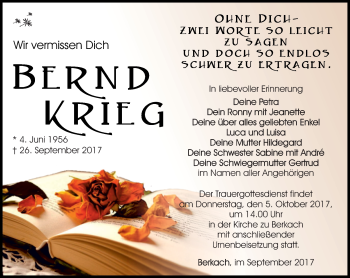 Traueranzeige von Bernd Krieg von Südthüringer Presse