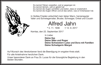 Traueranzeige von Alfred Jahn von Frankenpost