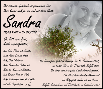 Traueranzeige von Sandra Pflaum von Südthüringer Presse