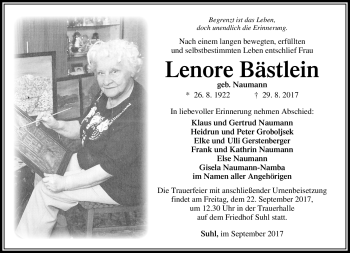Traueranzeige von Lenore Bästlein von Südthüringer Presse