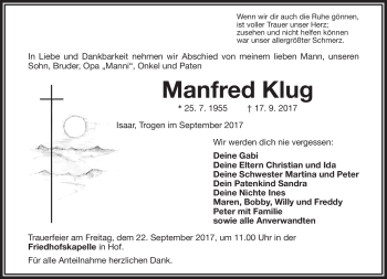 Traueranzeige von Manfred Klug von Frankenpost