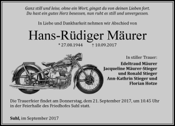 Traueranzeige von Hans-Rüdiger Mäurer von Südthüringer Presse