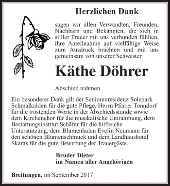 Traueranzeige von Käthe Döhrer von Südthüringer Presse