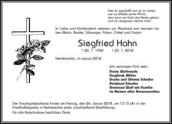 Traueranzeige von Siegfried Hahn von Frankenpost