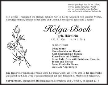 Traueranzeige von Helga Bock von Südthüringer Presse