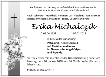 Traueranzeige von Erika Michalczik von Südthüringer Presse