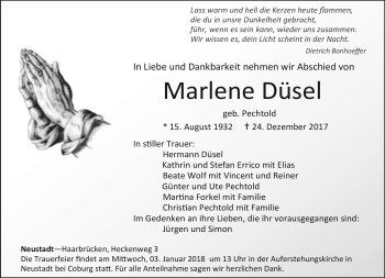 Traueranzeige von Marlene Düsel von Neue Presse Coburg