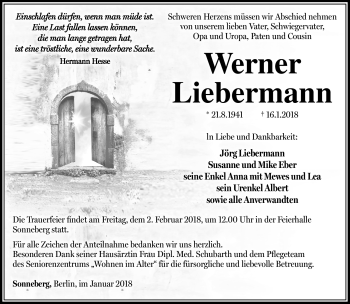 Traueranzeige von Werner Liebermann von Südthüringer Presse
