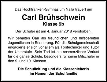 Traueranzeige von Carl Brühschwein von Frankenpost