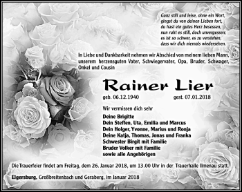 Traueranzeige von Rainer Lier von Südthüringer Presse