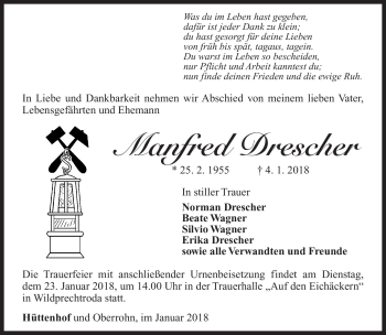 Traueranzeige von Manfred Drescher von Südthüringer Presse