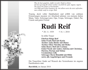Traueranzeige von Rudi Reif von Südthüringer Presse
