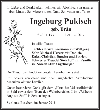 Traueranzeige von Ingeburg Pukisch von Südthüringer Presse