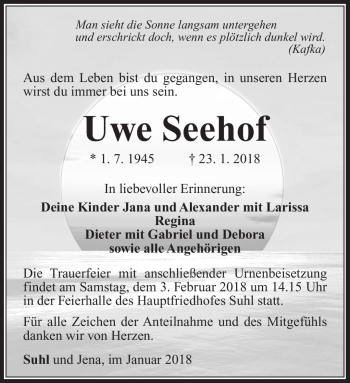 Traueranzeige von Uwe Seehof von Südthüringer Presse