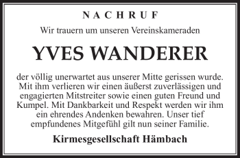 Traueranzeige von Yves Wanderer von Südthüringer Presse