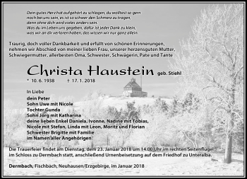 Traueranzeige von Christa Haustein von Südthüringer Presse