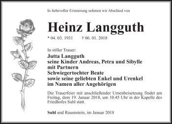 Traueranzeige von Heinz Langguth von Südthüringer Presse
