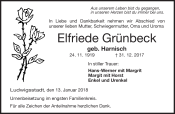Traueranzeige von Elfriede Grünbeck von Neue Presse Coburg