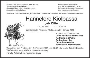 Traueranzeige von Hannelore Kiolbassa von Frankenpost