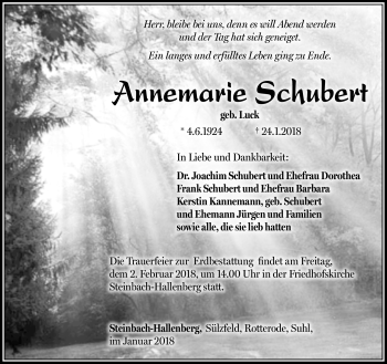 Traueranzeige von Annemarie Schubert von Südthüringer Presse
