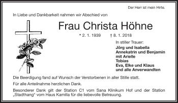 Traueranzeige von Christa Höhne von Frankenpost