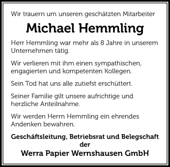 Traueranzeige von Michael Hemmling von Südthüringer Presse