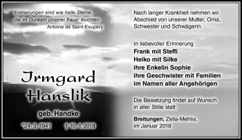 Traueranzeige von Irmgard Hanslik von Südthüringer Presse