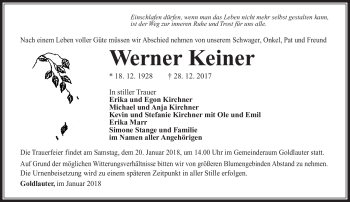 Traueranzeige von Werner Keiner von Südthüringer Presse