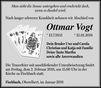 Traueranzeige von Ottmar Vogt von Südthüringer Presse