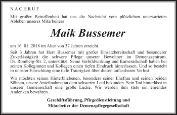 Traueranzeige von Maik Bussemer von Südthüringer Presse