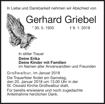 Traueranzeige von Gerhard Griebel von Neue Presse Coburg