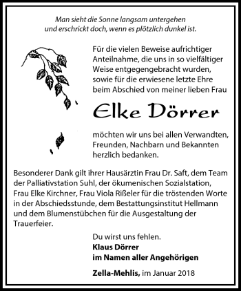 Traueranzeige von Elke Dörrer von Südthüringer Presse