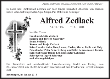 Traueranzeige von Alfred Zedlack von Südthüringer Presse