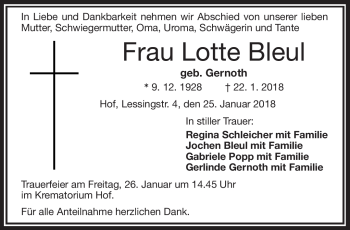 Traueranzeige von Lotte Bleul von Frankenpost