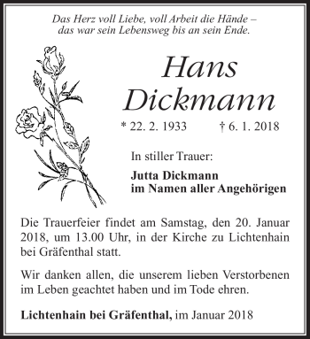 Traueranzeige von Hans Dickmann von Südthüringer Presse