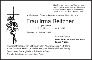 Traueranzeige von Irma Reitzner von Frankenpost