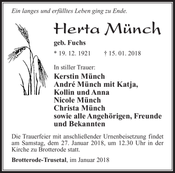 Traueranzeige von Herta Münch von Südthüringer Presse