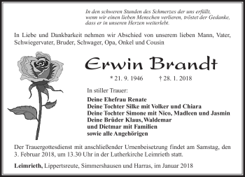 Traueranzeige von Erwin Brandt von Südthüringer Presse