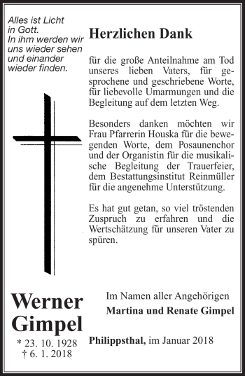 Traueranzeige von Werner Gimpel von Südthüringer Presse