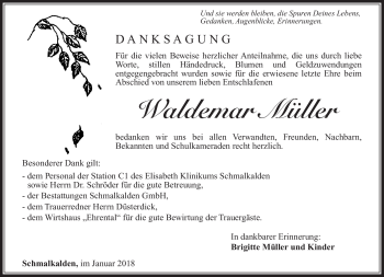 Traueranzeige von Waldemar Müller von Südthüringer Presse