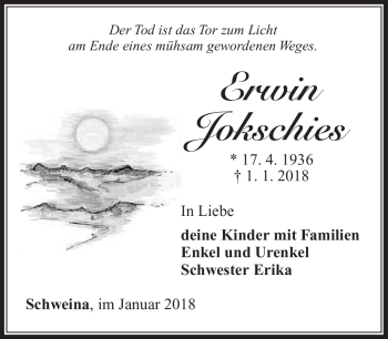 Traueranzeige von Erwin Jokschies von Südthüringer Presse