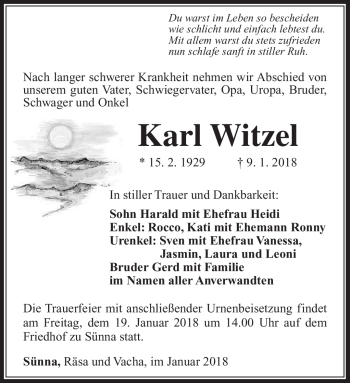 Traueranzeige von Karl Witzel von Südthüringer Presse