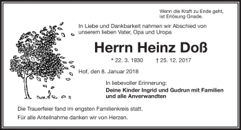 Traueranzeige von Heinz Doß von Frankenpost