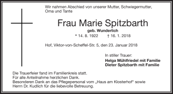 Traueranzeige von Marie Spitzbarth von Frankenpost