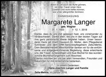 Traueranzeige von Margarete Langer von Südthüringer Presse