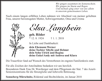 Traueranzeige von Elsa Langbein von Südthüringer Presse
