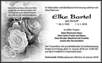 Traueranzeige von Elke Bartel von Südthüringer Presse