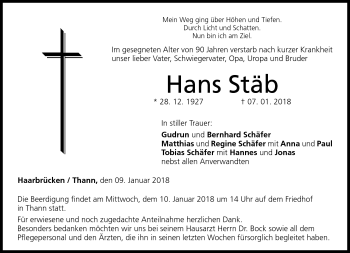 Traueranzeige von Hans Stäb von Neue Presse Coburg