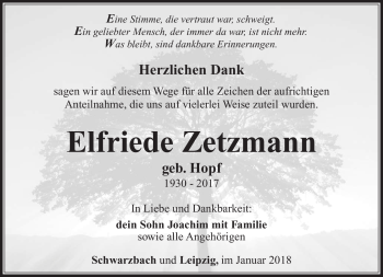 Traueranzeige von Elfriede Zetzmann von Südthüringer Presse